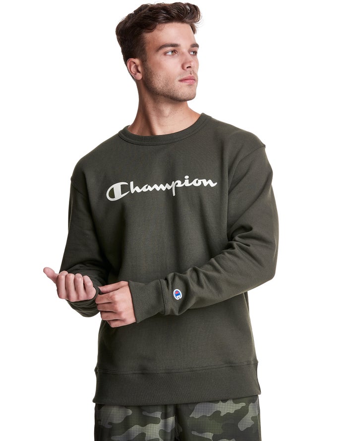 Champion Powerblend Fleece Crew Script Logo Erkek Sweatshirt Yeşil ( RLKQOU368 )